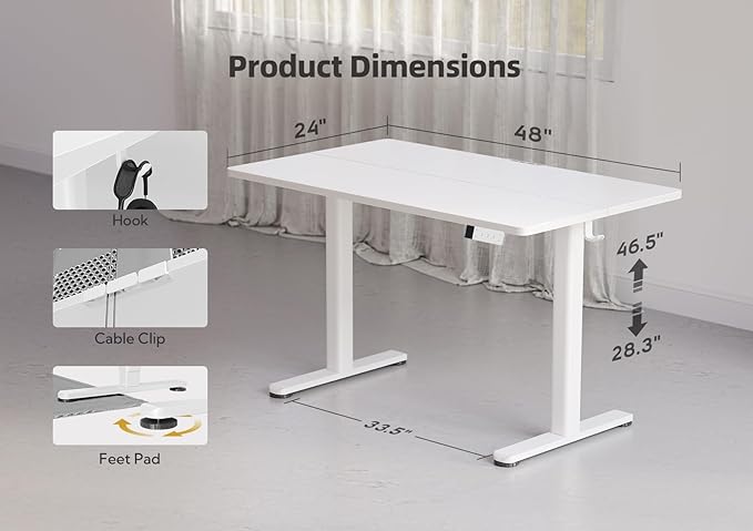 YDN Electric Standing Desk Adjustable Height, 48 x 24 Inches Stand up Desk with Cable Management, Home Office Desks with Splice Board & White Frame, White Top
