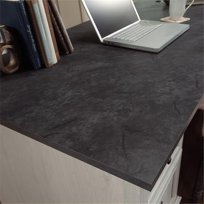 BOWERY HILL Engineered Wood L-Shaped Desk in Glacier Oak/Rosso Slate Accents