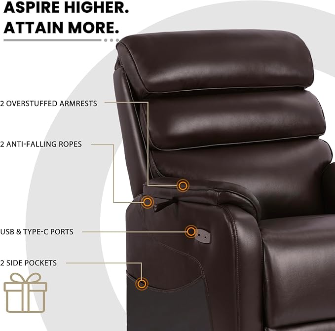 EONIX Wide Lay Flat Power Lift Recliner Chair for Elderly, Oversized Breathable Leather Electric Lift Chairs, 400lbs Heavy Duty Power Recliner with Heat and Massage, SLRY004063, Dark Brown