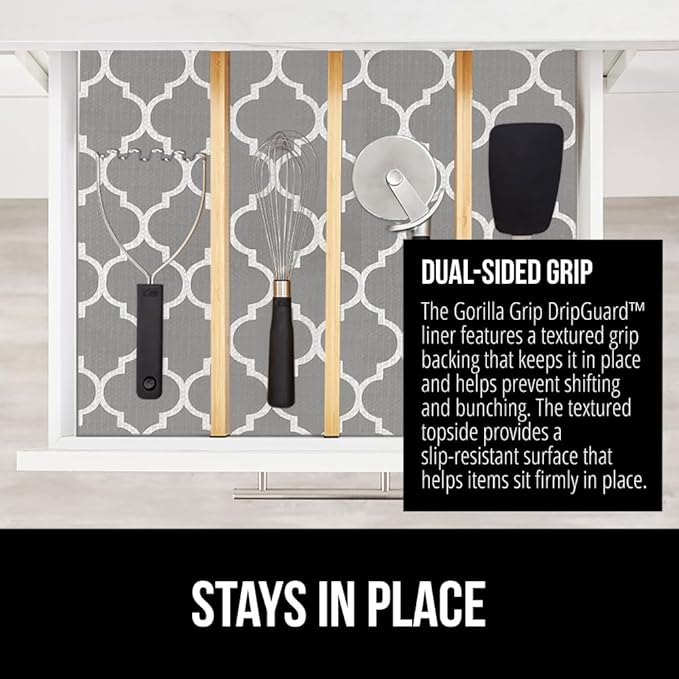 GORILLA GRIP DripGuard Shelf Liner, Non Adhesive Drawer and Kitchen Cabinet Protector, Slip Resistant BPA Free Smooth Surface Plastic Liners for Cabinets, Bathrooms, Closets, 17.5x240 Inch, White Gray
