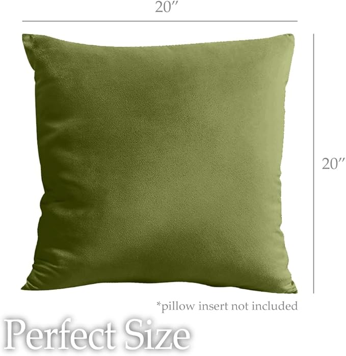 lalaLOOM Velvet Throw Pillow Covers, Set of 2, 20x20 Decorative Square Pillows Home Decor, Soft Accent Cases, Silky Machine Washable Pillowcases for Sofa, Couch, Bedroom, Living Room, Moss Green