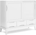 SIMPLIHOME Harper Medium Storage Cabinet - 48 inch Wide Solid Hardwood Sliding Door Cabinet in White, Mid-Century Modern Cupboard for Living Room or Entryway with 3 Drawers and Tapered Legs
