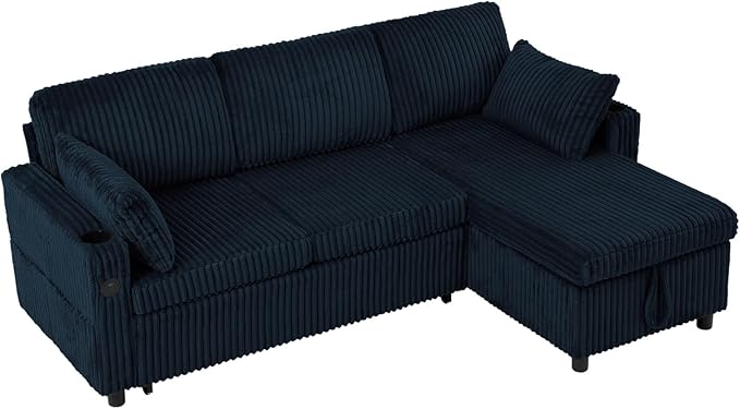 84" Corduroy Pull Out Sofa Bed w/Adjustable Backrests, Sectional L-Shape Sleeper Sofa w/Storage Chaise, Convertible Couch Bed w/USB Charging Port & Cup Holders for Living Room, House, Blue
