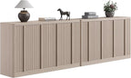 Fluted Buffet Cabinet with Storage, 120" Sideboard Buffet Cabinet with 8 Door-Modern Credenza Storage Cabinets with Adjustable Shelves, Solid Wood Handles for Kitchen, Living Room, White Alder(2PC)