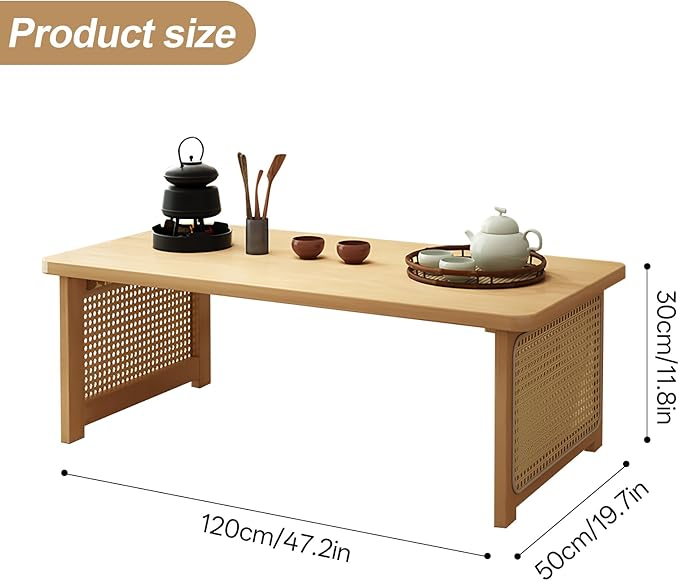 Foldable Japanese Floor Table Lightweight,No Assembly Required, Eco-Friendly Wood,Low Table for Sitting on the Floor, Perfect for Tatami,Meditation,Living Room Use (Natural Wood Color, 47.24 INCH)
