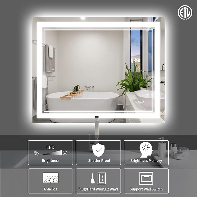 44x36 Inch LED Bathroom Mirror with Lights, Front Light and Backlit Lighted Vanity Mirror, Anti-Fog, Dimmable Memory, Shatterproof, Wall-Mounted