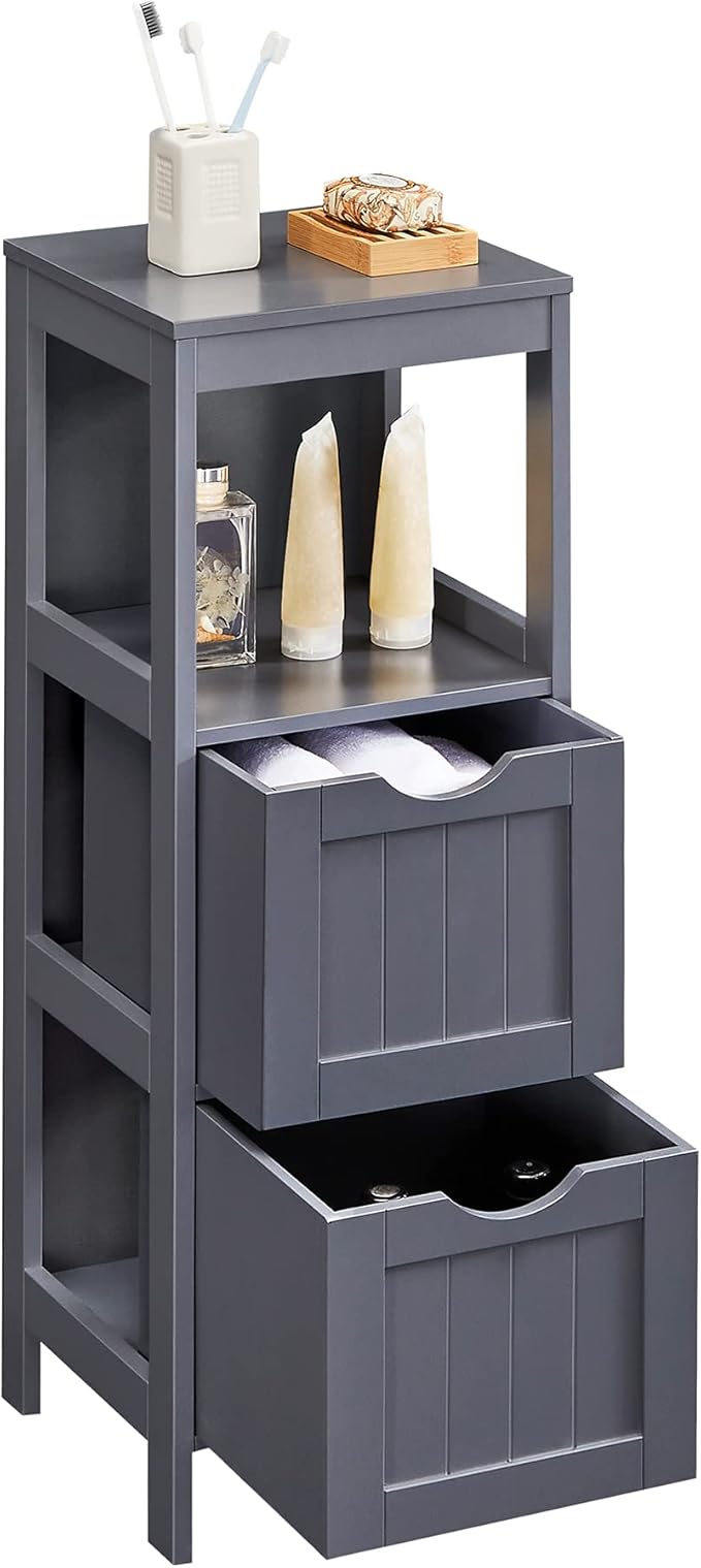 VASAGLE Storage Cabinet, Storage Organizer Rack Stand for Bathroom, Living Room, Bedroom, Multifunctional Corner Unit, 2 Drawers, 35 Inches in Height, Slate Gray BBC042G01