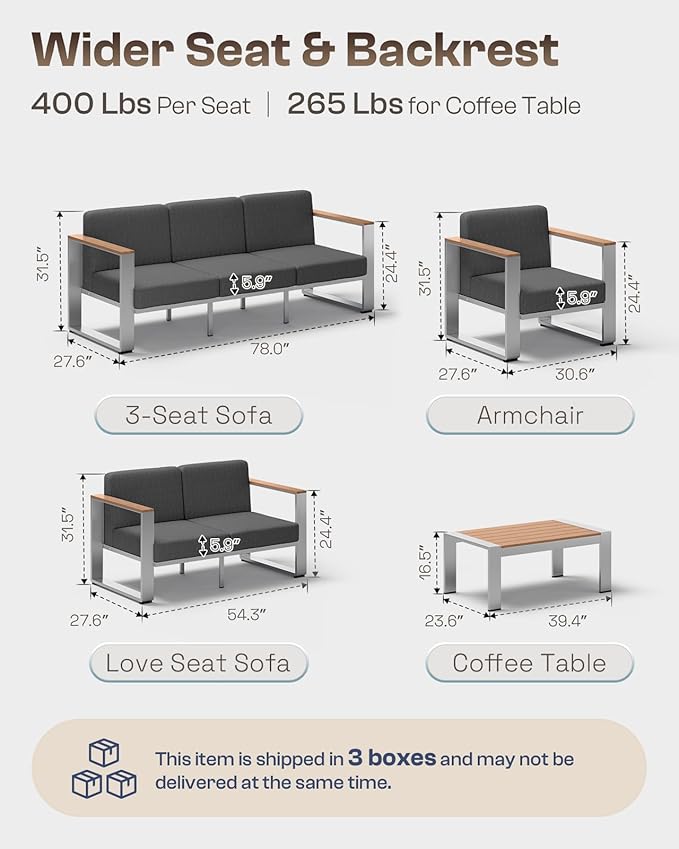 Outdoor Patio Furniture Set, 7 Seats Outdoor Patio Conversation Sets with Ergonomic Seat and Wide Washable Thick Cushions, Modern Patio Sectional Furniture for Balcony, Porch (Teak-Charocal)