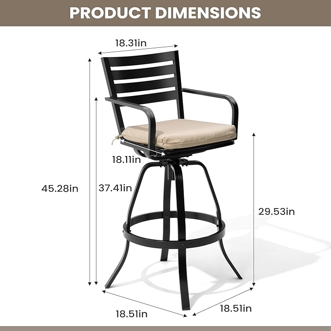 Pellebant 29.5" Sunbrella Outdoor Bar Stools Set of 2, Aluminum Swivel Patio Bar Height Bar Stools with Back & Footrest, Rust-Proof High Barstools for Deck Lawn Garden, Beige