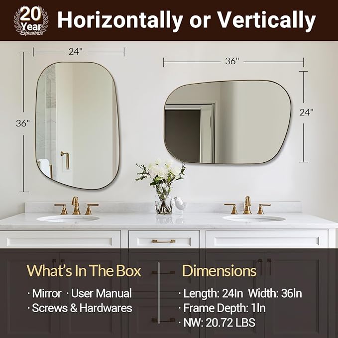 ANDY STAR Gold Bathroom Mirror, 24"x36" Brushed Brass Asymmetrical Wall Mirror in Stainless Steel Metal Frame, Unique Vanity Mirror with Modern Curved Design, Ideal for Bathroom, Bedroom, Entryway