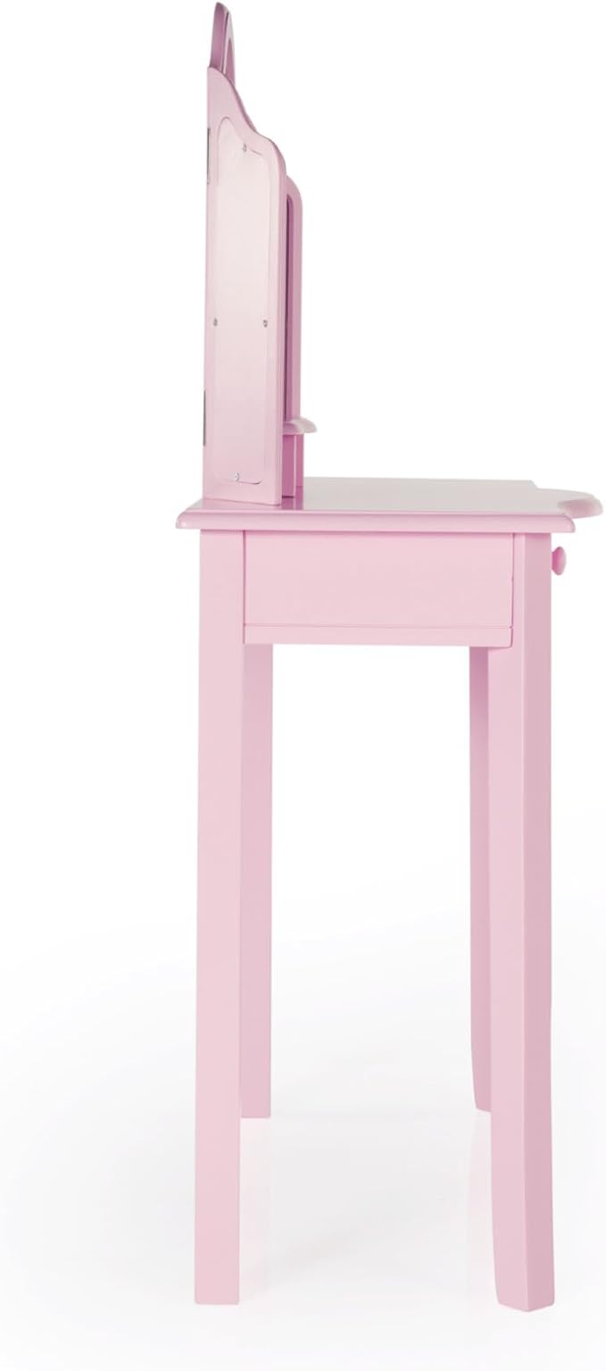 Guidecraft Pink Vanity and Stool Set for Kids Age 3-8, Pretend Play Makeup Table with Mirrors and Chair for Girls, Wooden Princess Toy Vanity Desk Playset with Storage Drawer