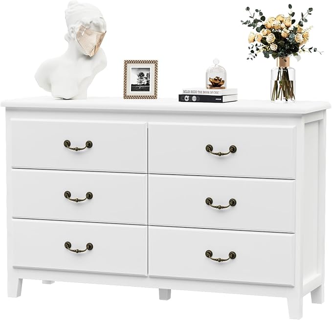 White Dresser, Modern 6 Drawer Double Dresser for Bedroom Adults & Kids with Vintage Gold Handles, Wide Dressers & Chests of Drawers, 6 Drawer Dressers for Hallway, Antique White