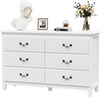 White Dresser, Modern 6 Drawer Double Dresser for Bedroom Adults & Kids with Vintage Gold Handles, Wide Dressers & Chests of Drawers, 6 Drawer Dressers for Hallway, Antique White