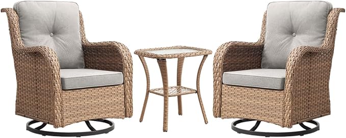 HUMMUH 3-Piece Swivel Rocking Rattan Chair Outdoor, Patio Bistro Furniture Conversation Set, Cushioned Wicker Chair with Glass Coffee Table(Yellow,Beige)
