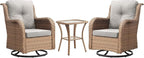 HUMMUH 3-Piece Swivel Rocking Rattan Chair Outdoor, Patio Bistro Furniture Conversation Set, Cushioned Wicker Chair with Glass Coffee Table(Yellow,Beige)