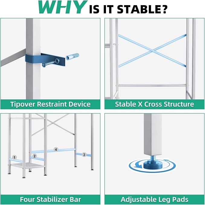 8-Tier Over The Toilet Storage with Side Rack, Over Toilet Storage Rack with Adjustable Shelf & Drain Basket, Freestanding Bathroom Organizer for Balcony, Laundry (Pure White)