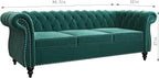 Chesterfield 3 Seater Sofa, Modern Velvet Tufted Couch 3 Seater with Rolled Arms and Nailhead Mid-Century Upholstered Couch for Living Room, Bedroom, Apartment and Office, Green