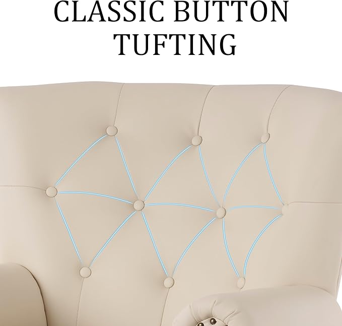 Modern Accent Chair Set of 2, Mid-Century PU Leather Armchair with Solid Wood Legs, Single Sofa Chair for Living Room, Bedroom, Leisure Room, or Reading Room(Ivory White)