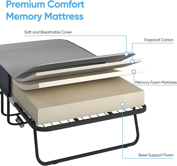 Mjkone Folding Bed with Mattress for Adults, Rollaway Bed with Mattress, Space Saving Fold Up Bed with Lockable Wheel, Sturdy Foldable Frame and Memory Foam for Bedroom/Guest (75" x 38")