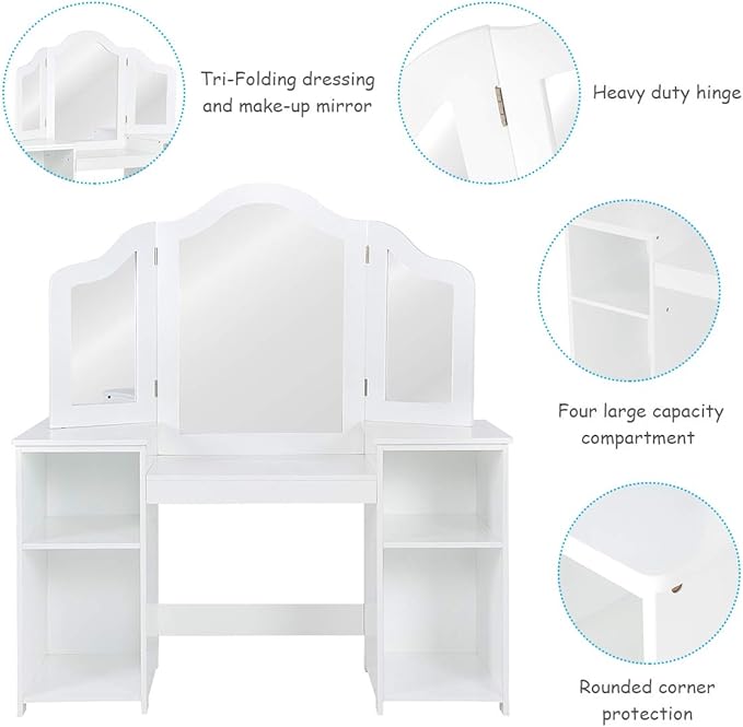 GOFLAME Kids Vanity Table, 2 in 1 Detachable Design with Dressing Table and Writing Desk, Princess Style, White MDF and Plastic Mirror, 42"×16"×46" (L×W×H), 2 Oversized Shelves, 3-Panel Mirror