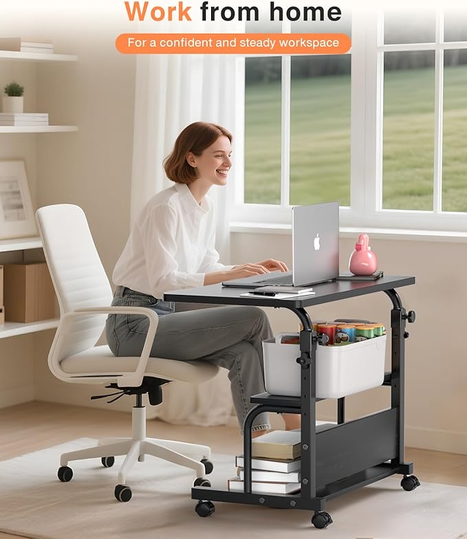 Portable Rolling Desk on Wheels Adjustable Height Desks for Small Spaces, 32" Computer Desk with Storage Shelves for Home Office Black