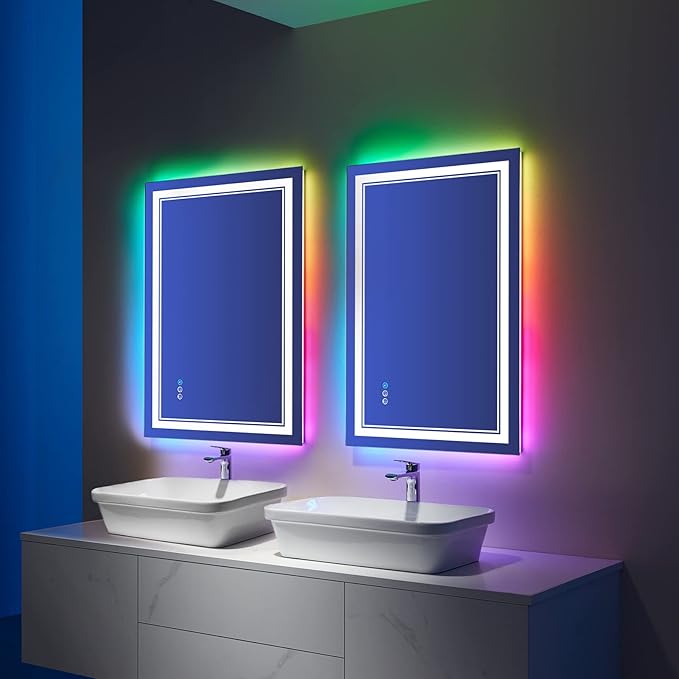 LED Bathroom Mirror, 20x28 inch, Wall Mount, Anti-Fog, RGB Backlit, Front-lit