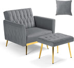 Velvet Accent Chair with Adjustable Armrests and Backrest, Button Tufted Lounge Chair, Single Recliner Armchair with Ottoman and Pillow for Living Room, Bedroom, Grey