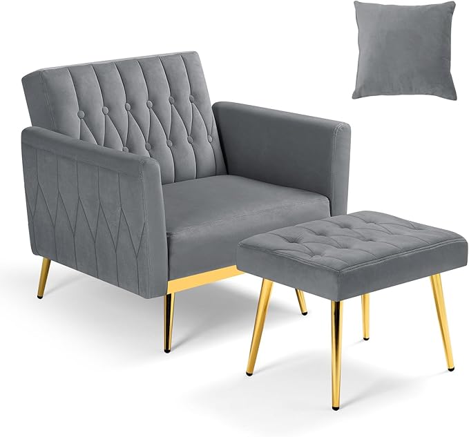 Velvet Accent Chair with Adjustable Armrests and Backrest, Button Tufted Lounge Chair, Single Recliner Armchair with Ottoman and Pillow for Living Room, Bedroom, Grey