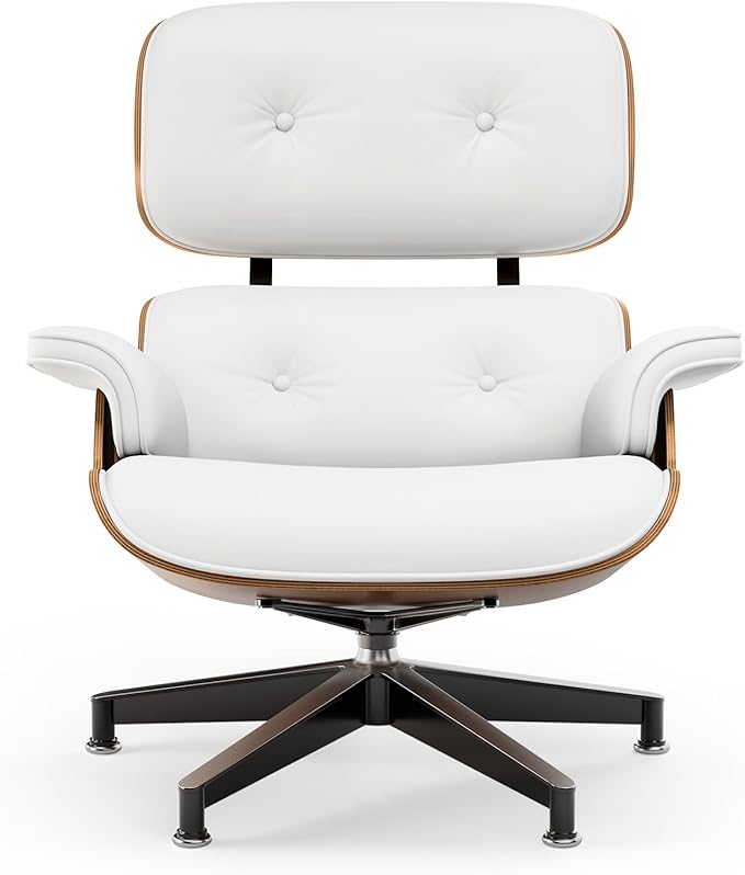 Top White PU Leather, Mid Century Chaise Lounge Chair and Ottoman, Modern Chair Classic Design, Walnut Wood, Heavy Duty Base Support for Living Room Office