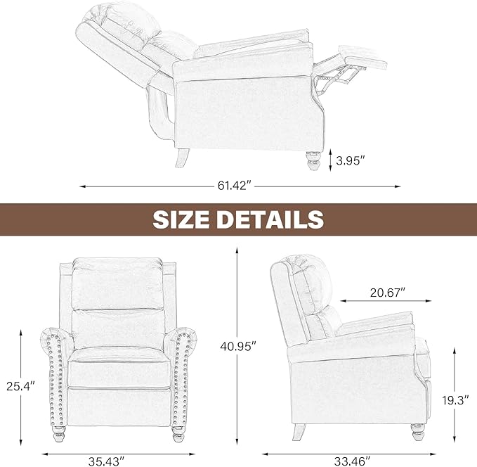 UIXE PU Leather Pushback Recliner Chairs Set of 2, Overstuffed Armchair Push Back Accent Chair for Living Room, Rivet Trim Club Chair Home Theater Single Sofa Bedroom Side Reading Seat - Gray