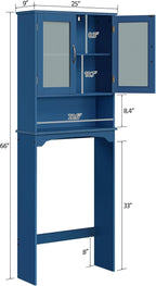 Yaheetech Over The Toilet Storage Cabinet, Free Standing Toilet Rack with Adjustable Shelves and Tempered Glass Doors for Bathroom Washroom, Navy Blue