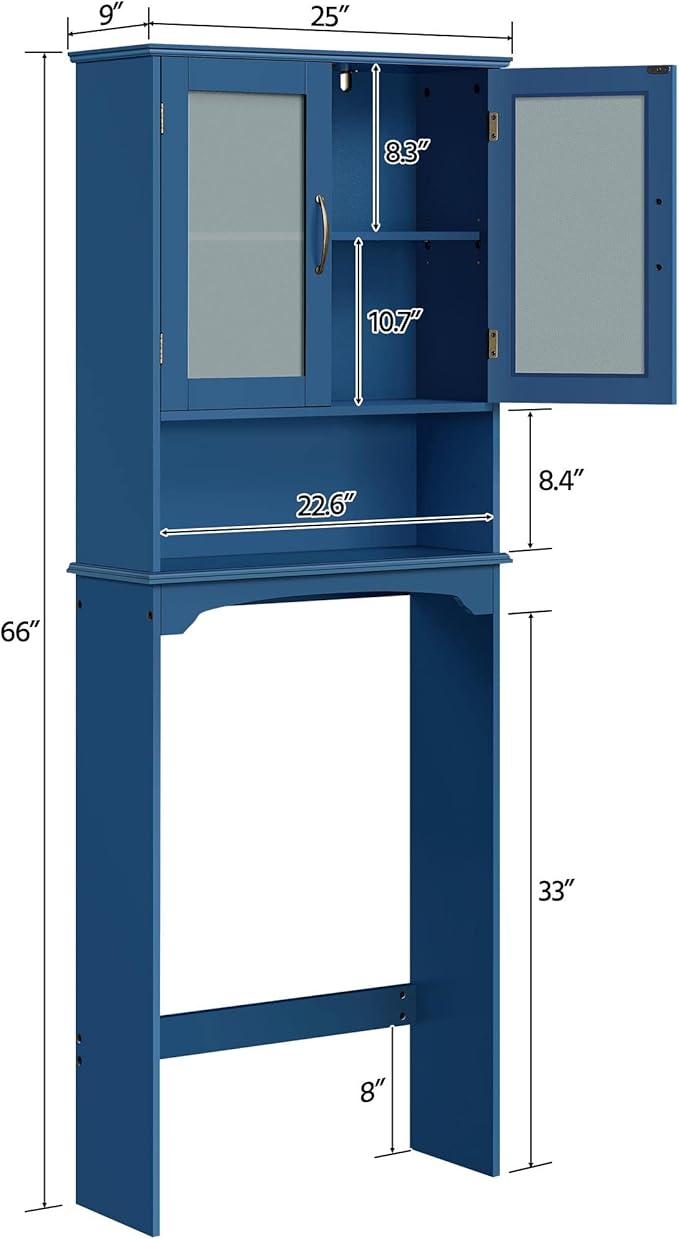 Yaheetech Over The Toilet Storage Cabinet, Free Standing Toilet Rack with Adjustable Shelves and Tempered Glass Doors for Bathroom Washroom, Navy Blue