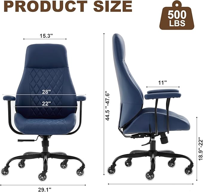 Home Office Desk Chair, Ergonomic High Back Leather Computer Chair with Lumbar Support, Adjustable Height & Recline, Swivel Executive Office Chair with Armrests and Rubber Casters, Blue