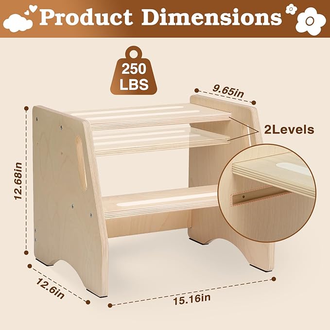 Step Stool for Toddlers & Kids - Wooden Height Adjustable Kids 2 Step Stool with Safe Non-Slip Pads - Potty Training Stool for Bathroom Sink, Bedroom,Kitchen Dual Height Step Stools for Kids(Natural)