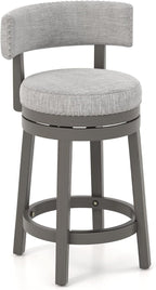 COSTWAY Bar Stool, 27-inch 360° Swivel Barstool with Upholstered Back & Seat, Solid Rubber Wood Legs & Footrest, Farmhouse Counter Height Chair for Home, Bar, Cafe, Grey (1, Seat Height 27‘’)