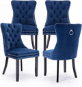 Velvet Upholstered Dining Chairs Set of 4, Modern Style Kitchen Side Chairs with Nailhead Trim and Wood Legs,Metal Pulling Ring for Dining Room Living Room(Blue,Set of 4)