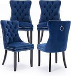 Velvet Upholstered Dining Chairs Set of 4, Modern Style Kitchen Side Chairs with Nailhead Trim and Wood Legs,Metal Pulling Ring for Dining Room Living Room(Blue,Set of 4)