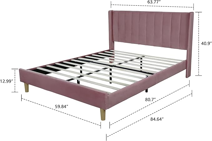 Low Profile Upholstered Platform Bed,Queen Beds with Pink(Velvet)