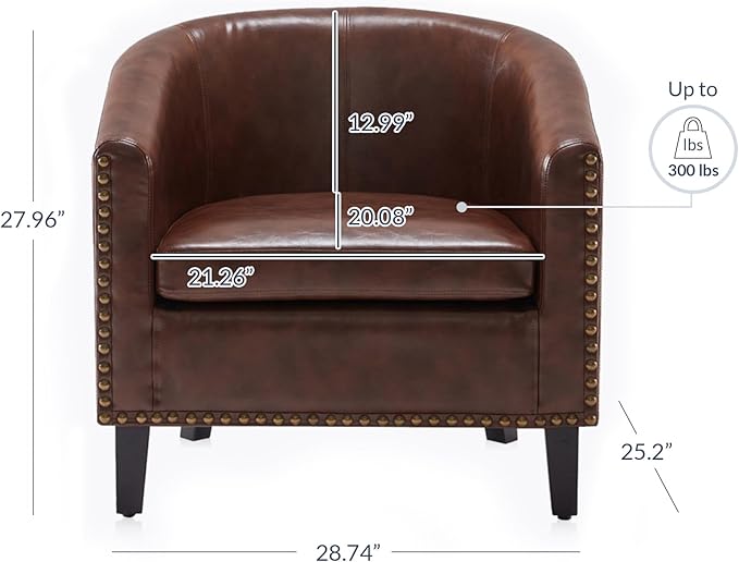 BELLEZE Accent Barrel Chair, Set of 2 Modern Faux Leather Tub Club Chair Upholstered Armchair with Gold Nail Head Trim and Black Legs for Living Room Bedroom Apartment Lounge - Brown