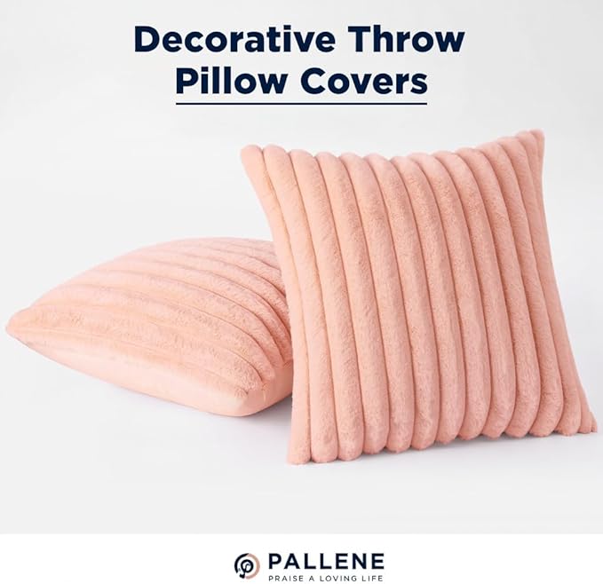 Pallene Faux Fur Plush Throw Pillow Covers 26x26 Set of 2, Luxury Soft Fluffy Striped Decorative Pillow Covers for Sofa, Couch, Living Room, Pink
