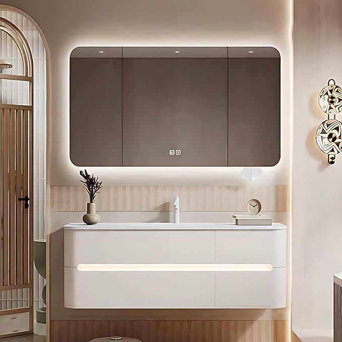 44IN Bathroom Vanity - Bathroom Vanity with Sink with Intelligent Induction Light | Wall-Mounted Bathroom Vanity with Intelligent LED Mirror Cabinet & 6 Drawers, Cream Color