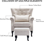 Accent Reading Arm Chairs with Ottoman Set of 2 for Living Room Bedroom, Midcentury Modern Corner Sofa Chair, Wingback Waiting Room Club Chair with Tufted Back &Lumbar Pillow, Linen Beige