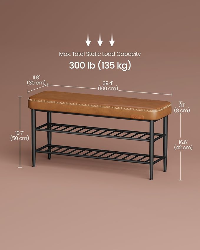 VASAGLE EKHO Collection - Shoe Rack Bench, Storage Bench for Entryway, Synthetic Leather with Stitching, Mid-Century Modern, Loads 300 lb, 11.8 x 39.4 x 19.7 Inches, Caramel Brown ULSB113K01