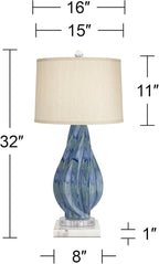 Possini Euro Design Teresa Modern Coastal Table Lamp 31" Tall with Square White Marble Riser Teal Ceramic Beige Drum Shade for Bedroom Living Room Nightstand Bedside Night Stand Office Kids Room