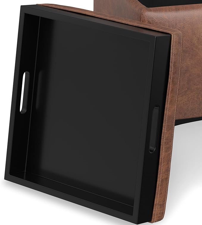 SIMPLIHOME Natasha 18 inch Wide Contemporary Square Mid Century Storage Ottoman with Tray in Distressed Saddle Brown Vegan Faux Leather, Assembled, For the Living Room, Entryway and Family Room