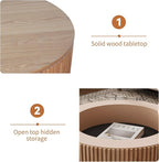 31.5'' Round Coffee Table for Living Room, Fluted Coffee Table with Hidden Storage, Solid Wood Circle Table, Modern Tea Table for Small Space Apartment-Natural Wood 31.5''D×14''H
