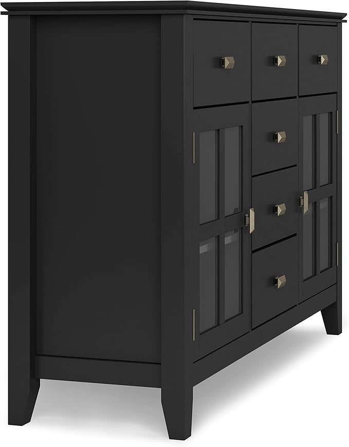 SIMPLIHOME Artisan Buffet - 54 inch Wide Solid Wood 3-Door Sideboard Buffet in Black, Contemporary Storage Cabinet for Dining Room or Kitchen with Adjustable Shelves and Bronze Hardware