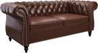 Chesterfield Loveseat Sofa, Modern 2 Seater Couch Leather Small Love Seat Sofa with Rolled Arms and Nailhead, Mid Century Modern Loveseat for Small Spaces Living Room Bedroom Apartment, Brown