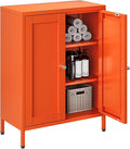 Small Bathroom Storage Cabinet, Metal Sideboard with 2 Doors and 2 Adjustable Shelves, Orange Floor Locker Cabinet 12" Shallow Storage Lockers for Bathroom, Living Room, Hallway, Entryway