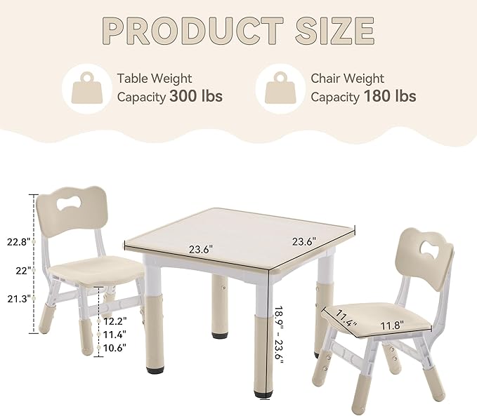 Kids Study Table and Chairs Set, Height Adjustable Toddler Table and Chair Set for Kids Ages 3-8, 23.6" L x 23.6" W Graffiti Desktop Plastic Children Art Table with 2 Seats, Burlywood